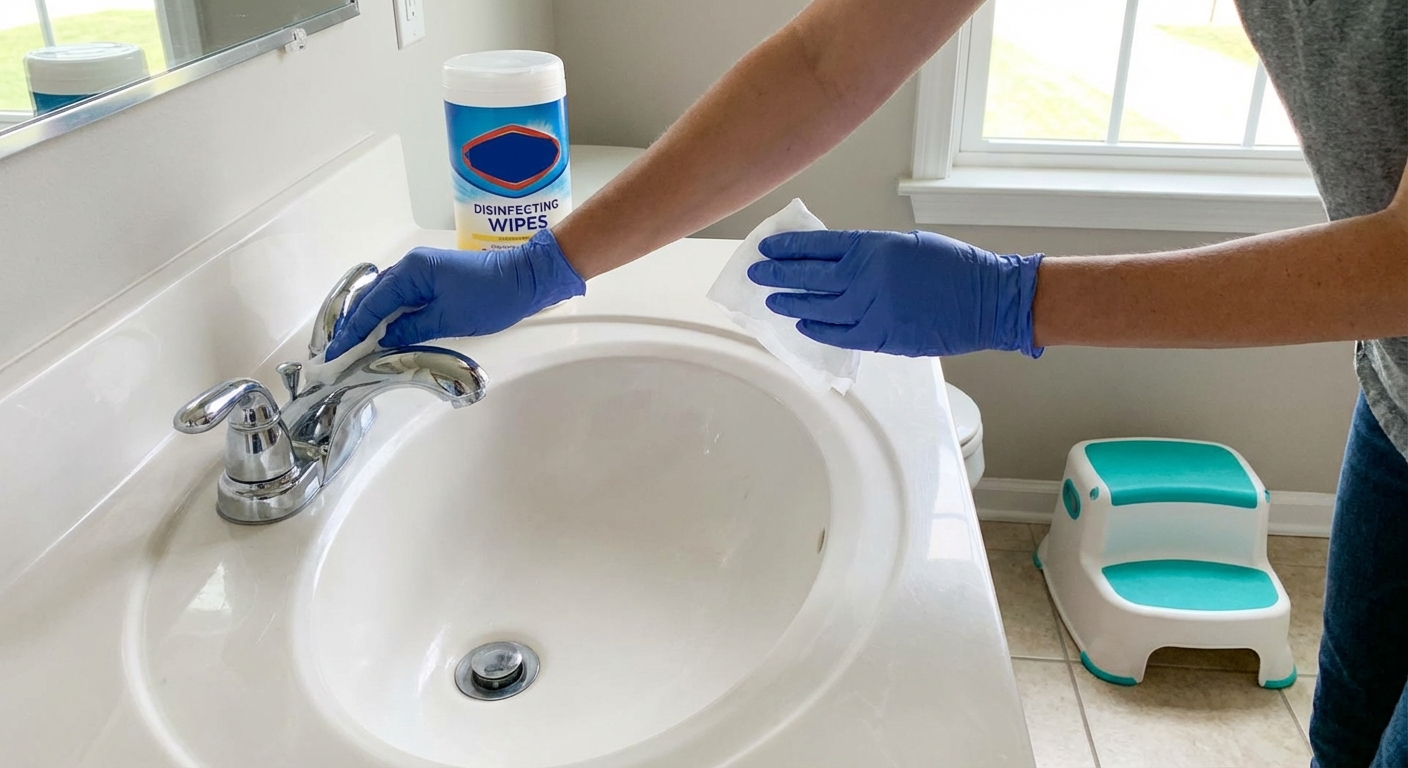 A parent wearing disposable gloves wiping down a bathroom sink and faucet with disinfecting wipes while a child’s step stool sits nearby, real-life photo