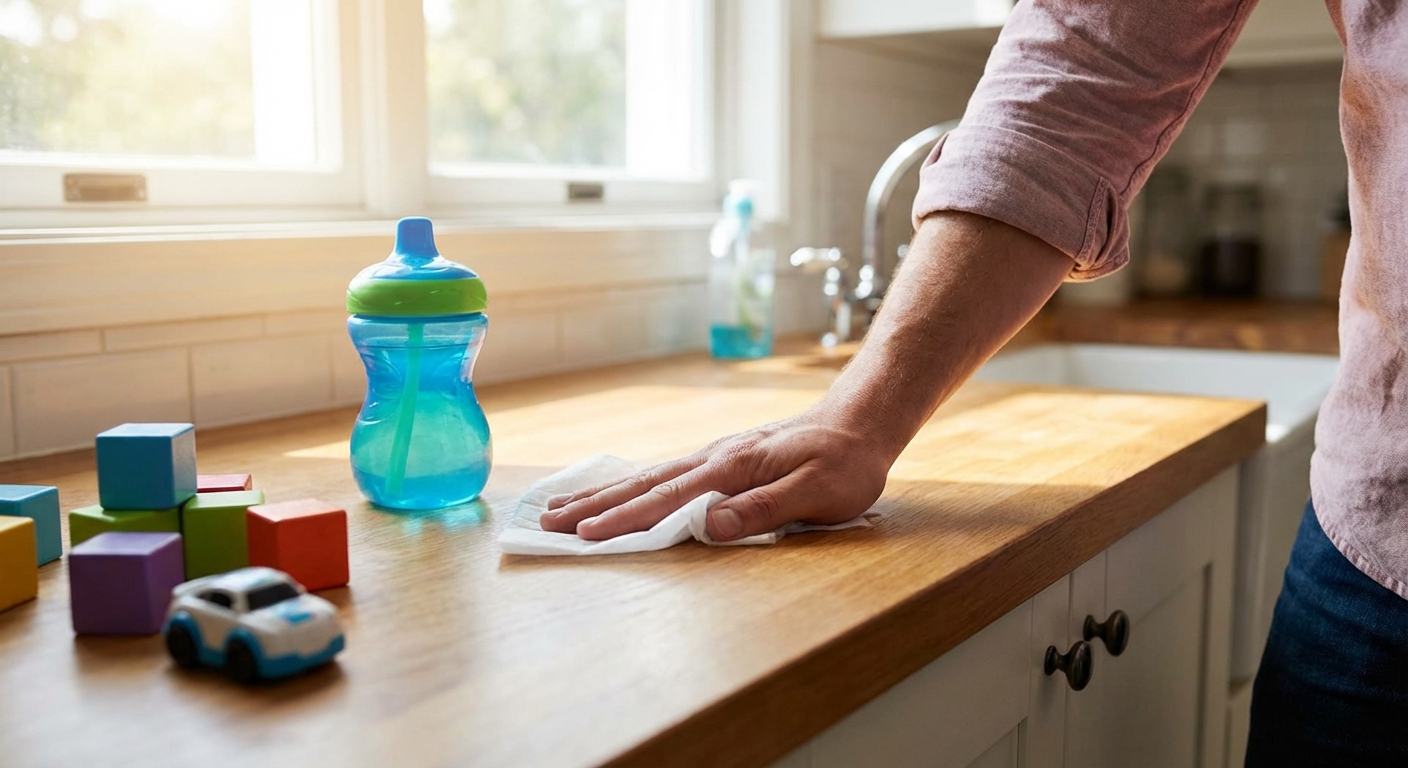 A parent wiping down a kitchen counter with a disinfecting wipe next to a child’s sippy cup and a small pile of toys, natural home lighting