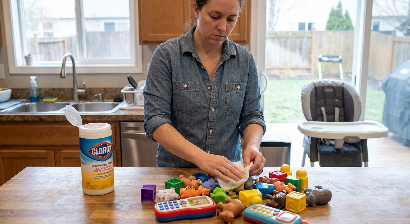 A parent wiping down small plastic toddler toys on a kitchen counter with disinfecting wipes, real-life photo