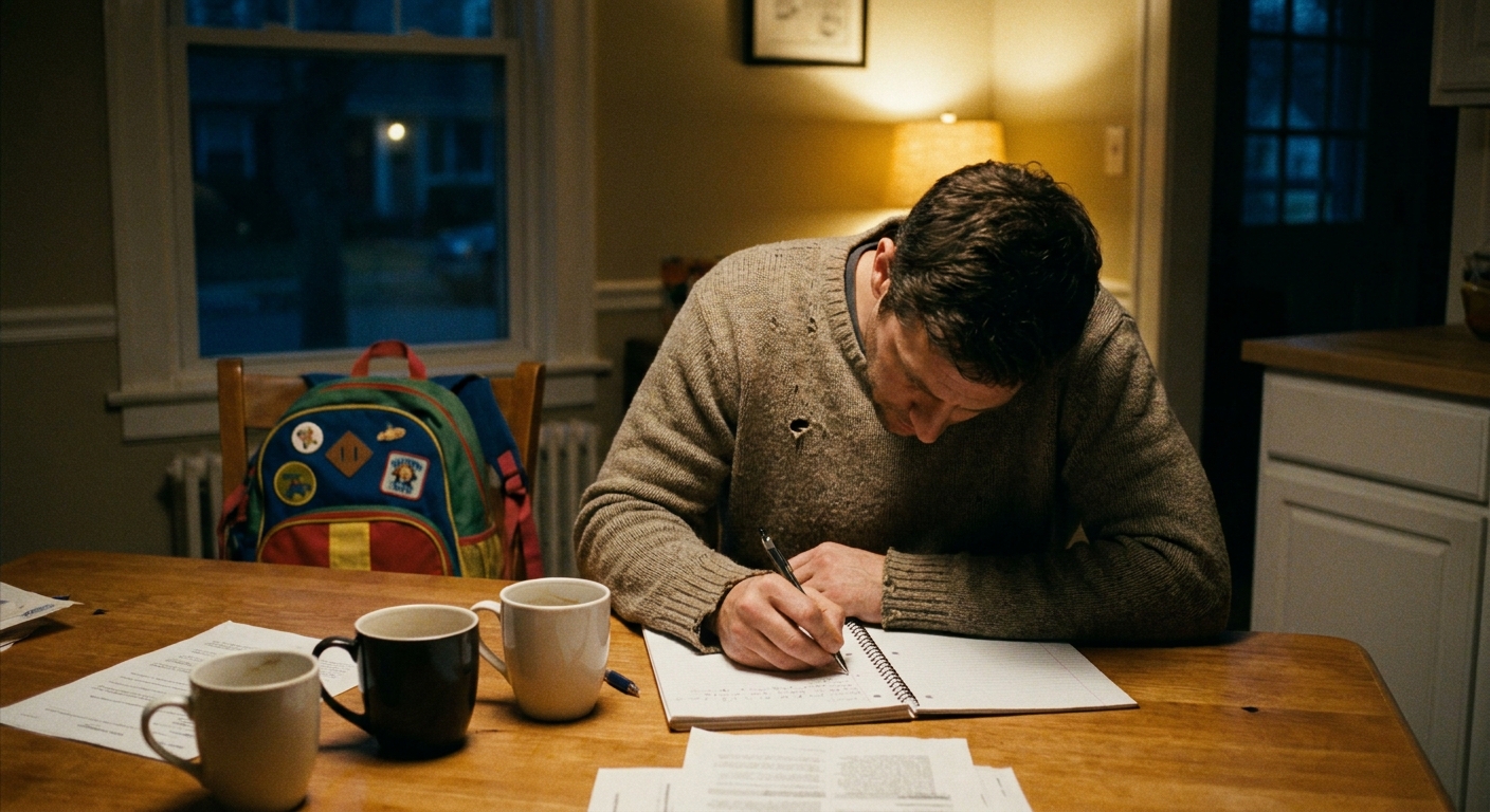 A parent writing notes in a notebook at a kitchen table late in the evening with a child’s backpack in the background, realistic photo