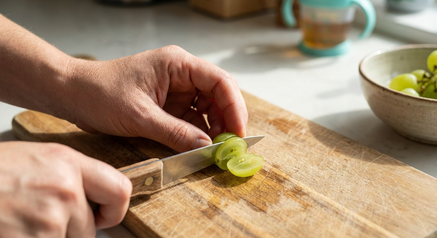 A parent’s hand cutting a grape lengthwise on a wooden cutting board with a small kitchen knife, bright natural light, close-up real photo