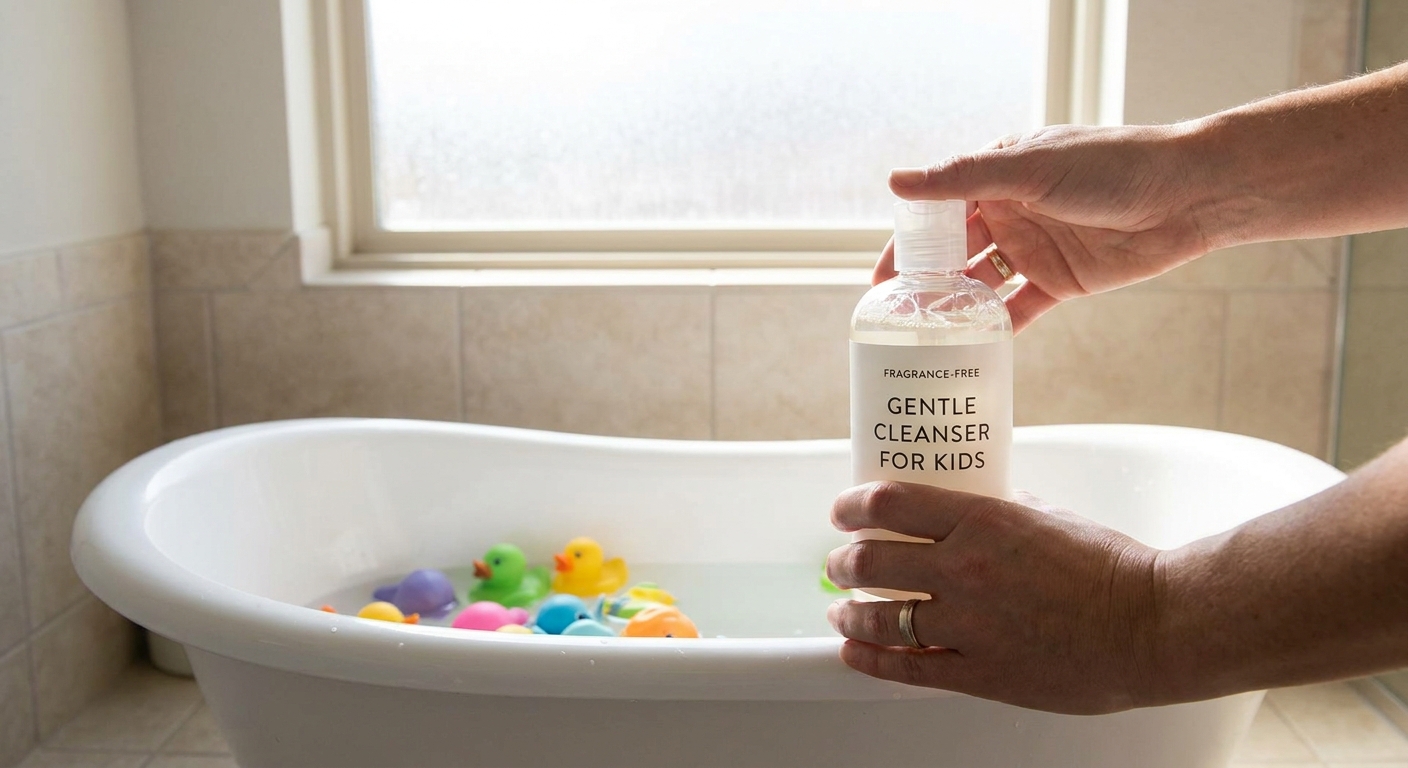 A parent's hand holding a fragrance-free gentle cleanser bottle next to a child’s bathtub, bright bathroom lighting