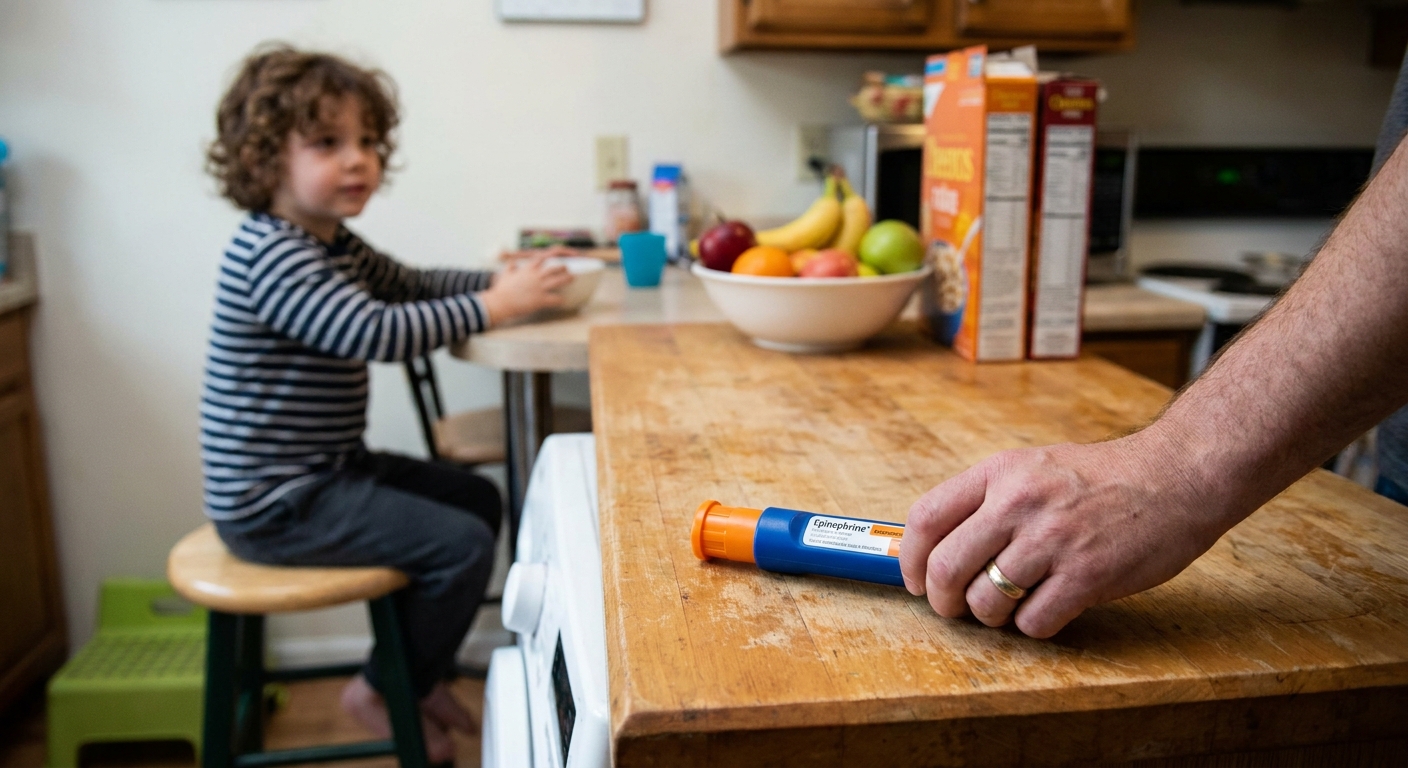 A parent’s hand holding an epinephrine auto-injector on a kitchen counter while a child sits nearby, real-life photo