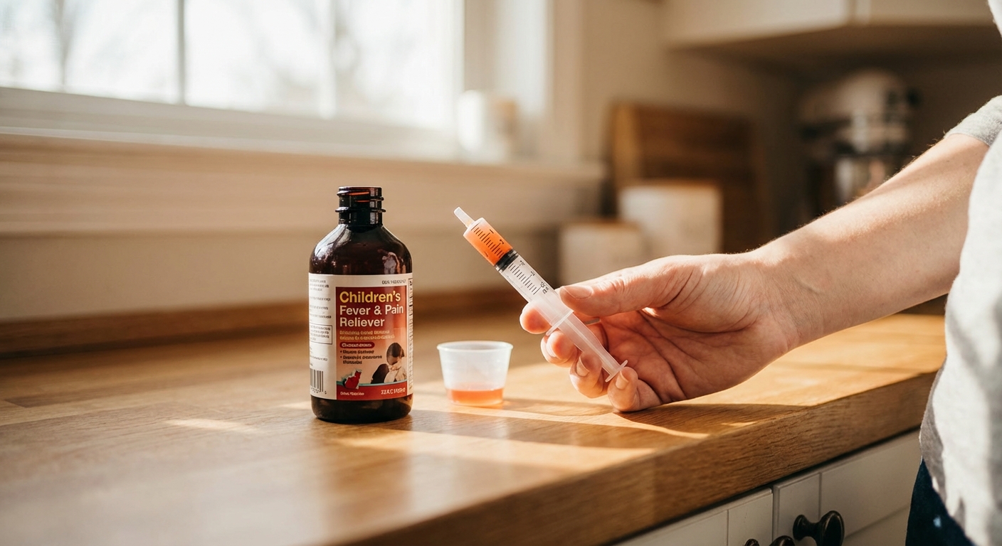 A parent’s hand holding an oral medicine syringe next to a bottle of children’s fever medicine on a kitchen counter under warm light, realistic photo