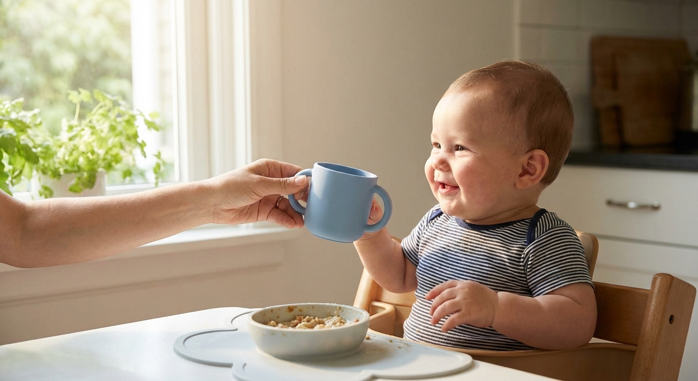 A parent’s hand offering a small silicone training cup with two handles to a baby seated at a table, bright daytime window light, realistic photo