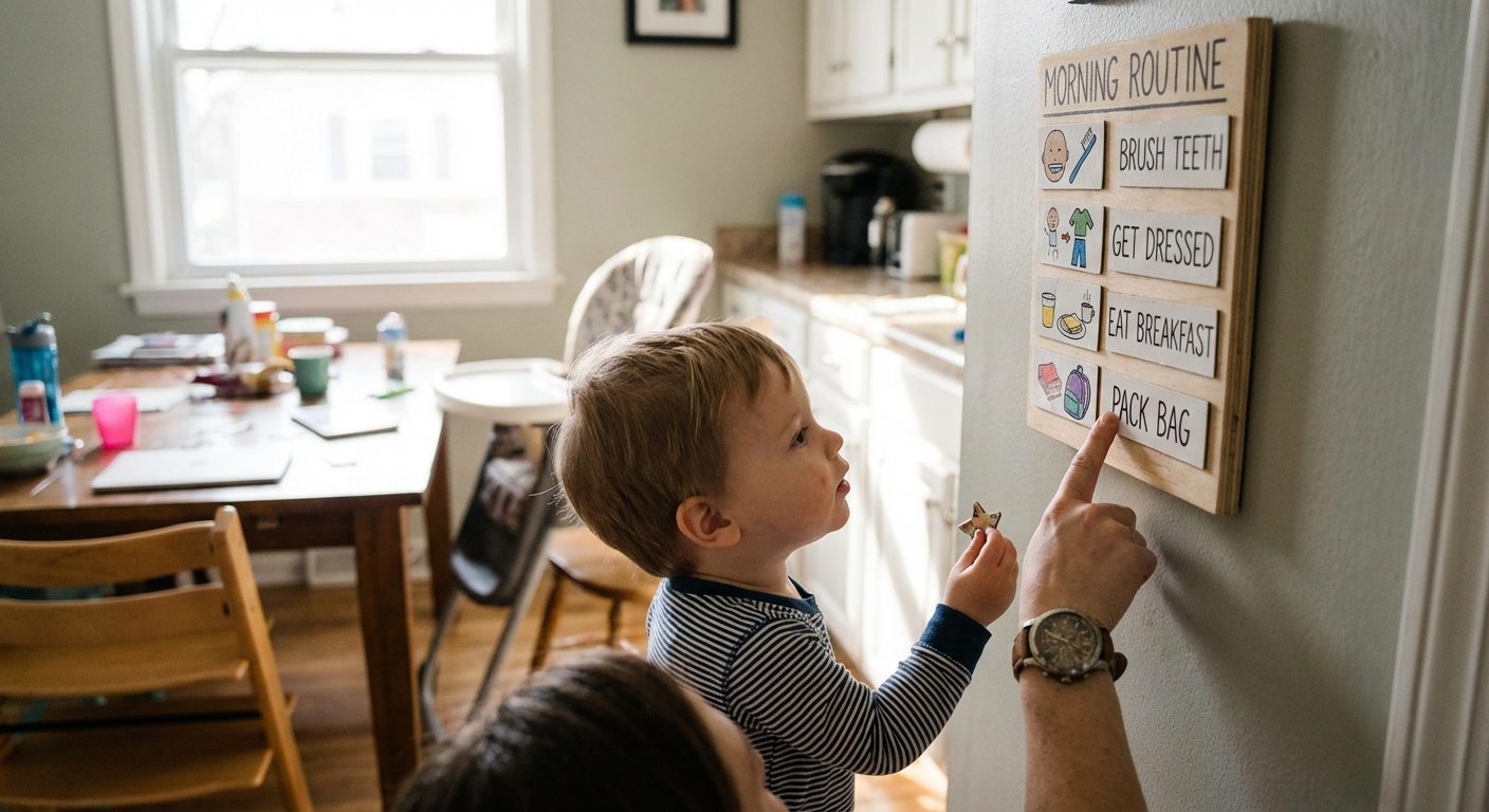A parent’s hand pointing to a simple morning routine board on a kitchen wall while a toddler stands nearby holding a small magnet, natural indoor light, candid photorealistic family photo