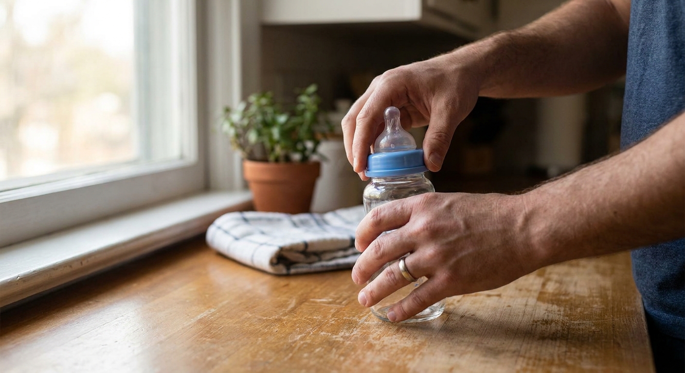 A parent’s hands attaching a slow-flow bottle nipple onto a baby bottle on a kitchen counter with soft daylight, realistic photo