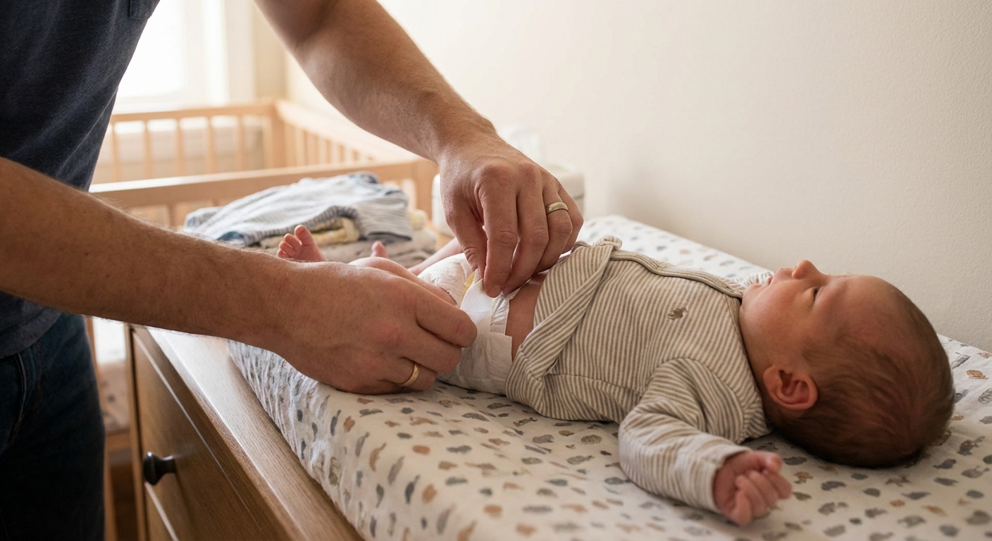 A parent’s hands fastening a clean diaper on a newborn lying on a changing pad in a softly lit bedroom, realistic lifestyle photo