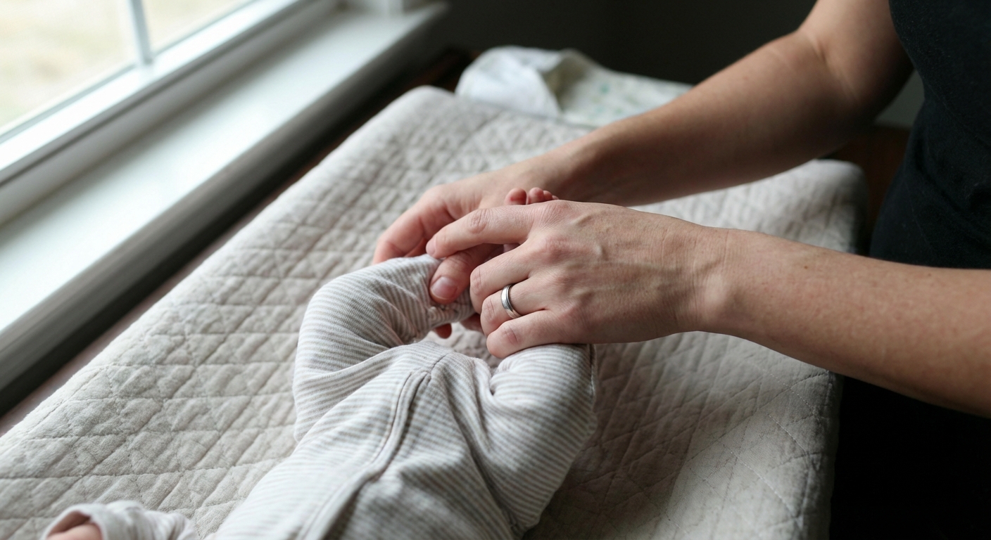 A parent’s hands gently holding a newborn’s lower legs while the baby lies on a changing pad, performing slow bicycle leg motions, natural window light, photorealistic close-up