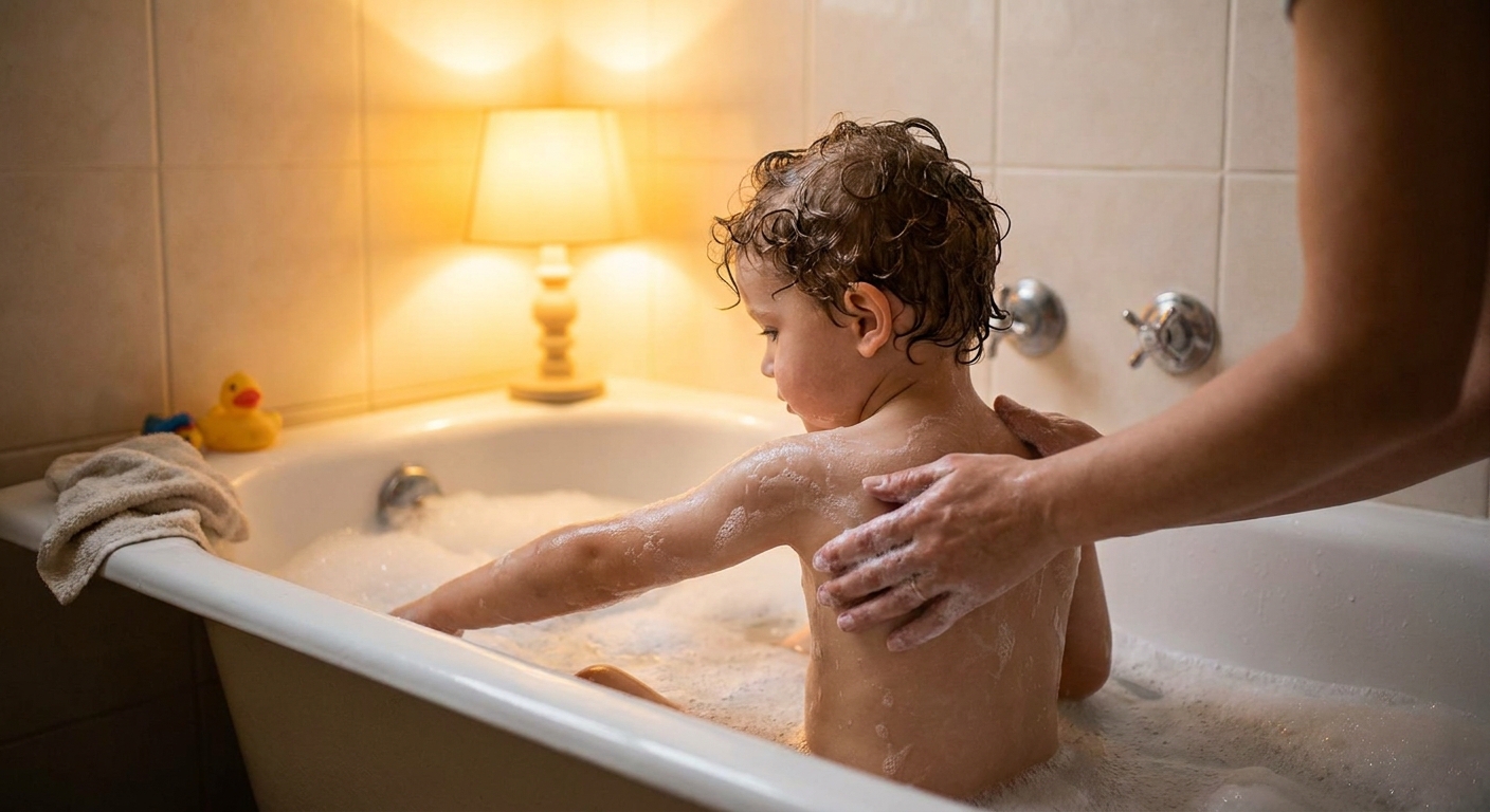 A parent’s hands gently washing a preschool-aged boy during bath time in a bathtub, warm indoor lighting, realistic photo