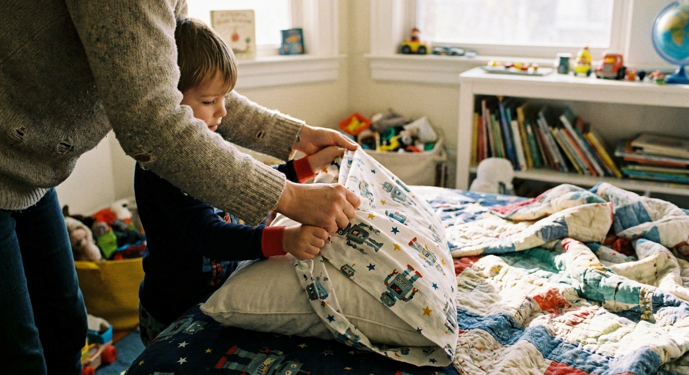 A parent’s hands putting a fresh pillowcase on a child’s bed in a bright bedroom, everyday home photo