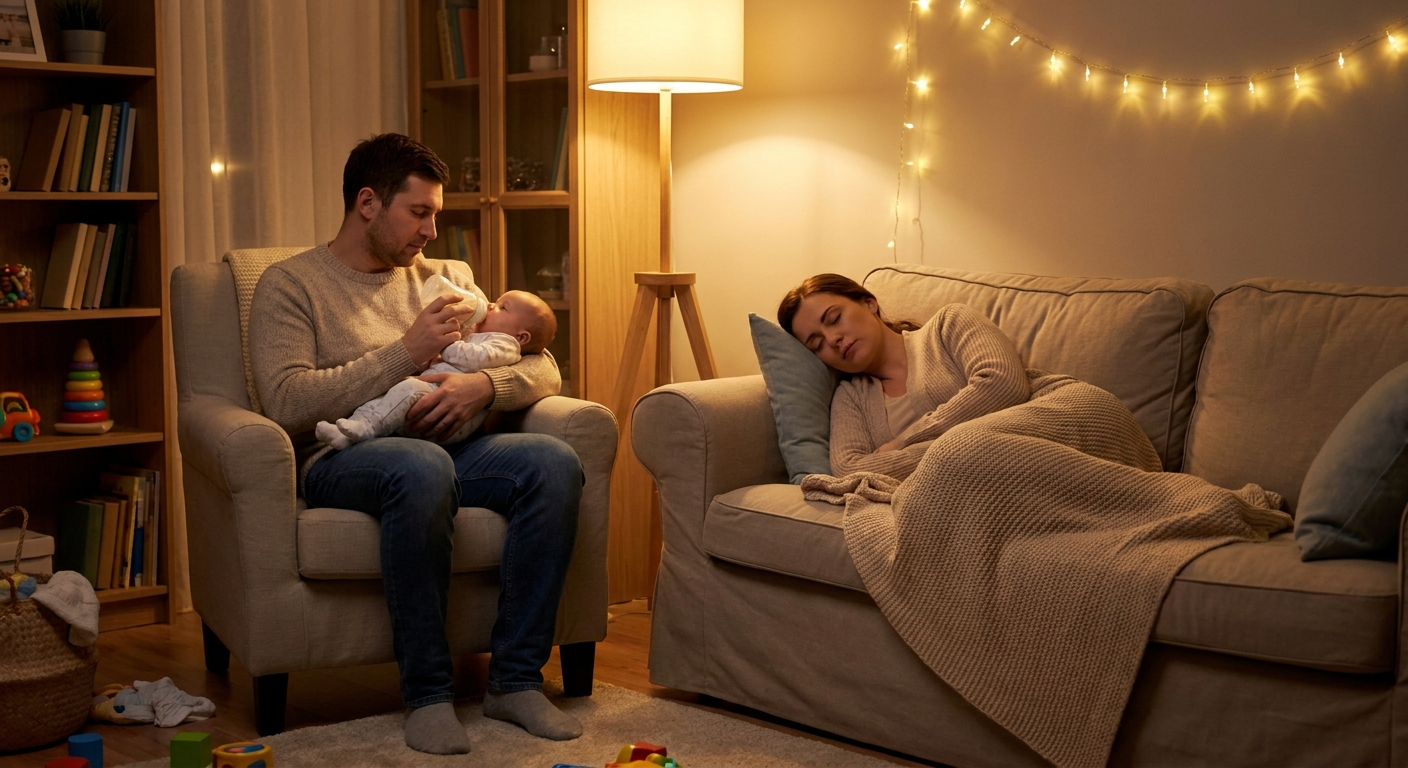 A partner sitting in a living room feeding a baby with a bottle while a breastfeeding parent rests on the couch nearby, cozy evening light, candid photo