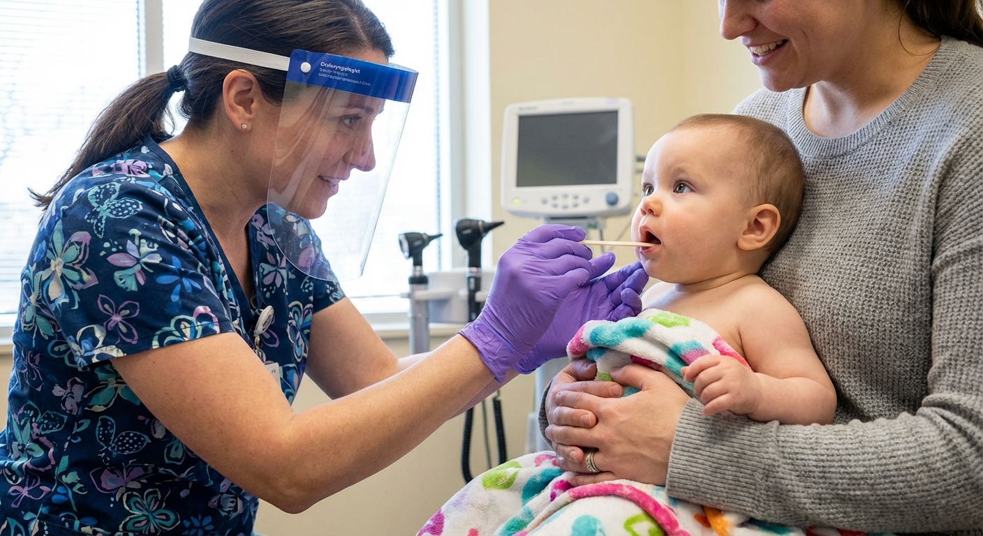 A pediatric ENT doctor gently examining a baby’s mouth with a gloved hand in a bright clinic room while a parent holds the baby securely, realistic medical photography