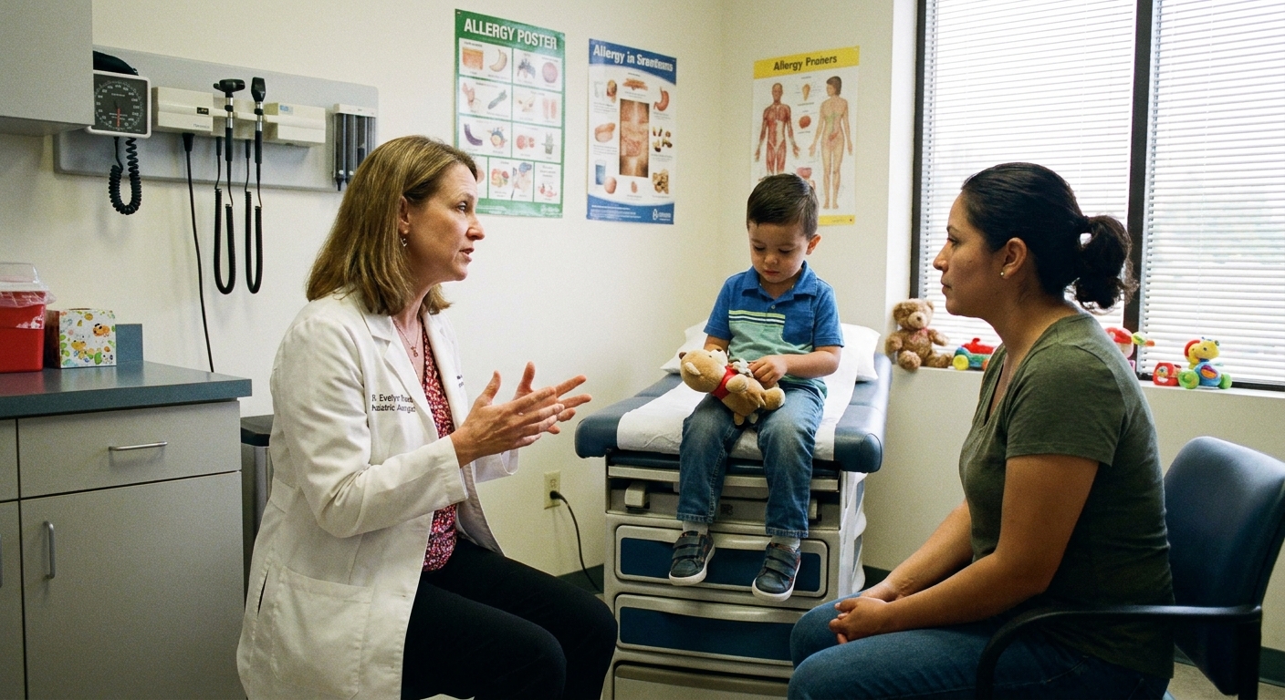 A pediatric allergist sitting in a clinic room speaking with a parent while a child sits on the exam table, real photograph