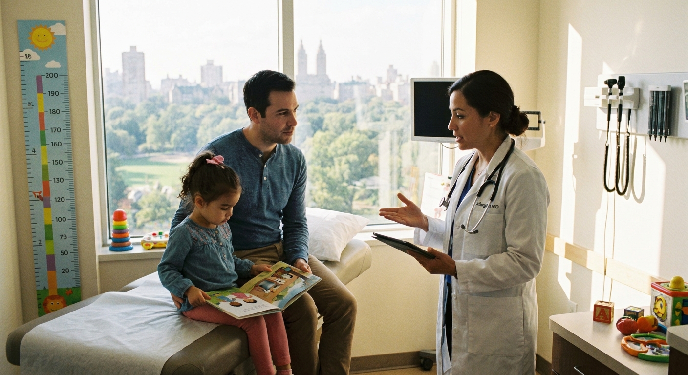A pediatric allergist speaking with a parent while a child sits on an exam table in a bright clinic room