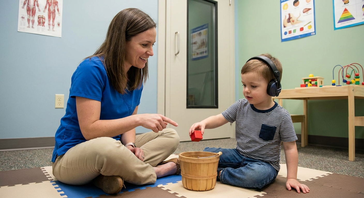 A pediatric audiologist sitting on the floor with a preschool child who is placing a small block into a bucket as part of a listening game in a quiet clinic room, realistic photo