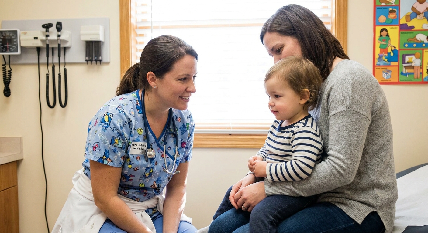 A pediatric clinic nurse in scrubs speaking calmly with a parent holding a small child in an exam room, realistic photo