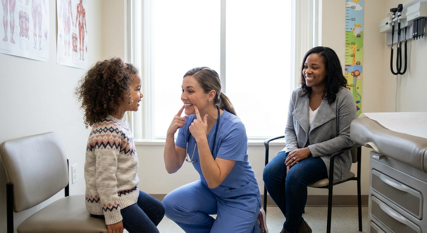 A pediatric clinician asking a child to smile during a neurologic exam while a parent watches, realistic medical office photo