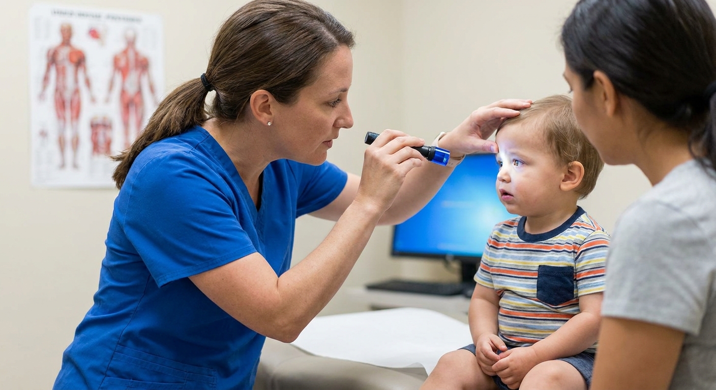 A pediatric clinician examining a young child’s eye in an urgent care room using a handheld light during an evaluation for a corneal scratch, real photo style