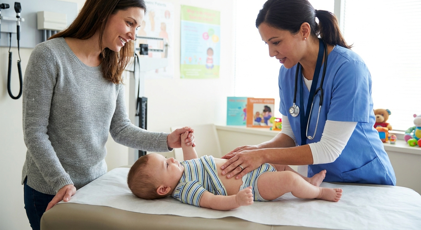 A pediatric clinician examining an infant boy on an exam table while a parent stands nearby, focusing on a gentle abdominal and groin exam in a bright clinic room