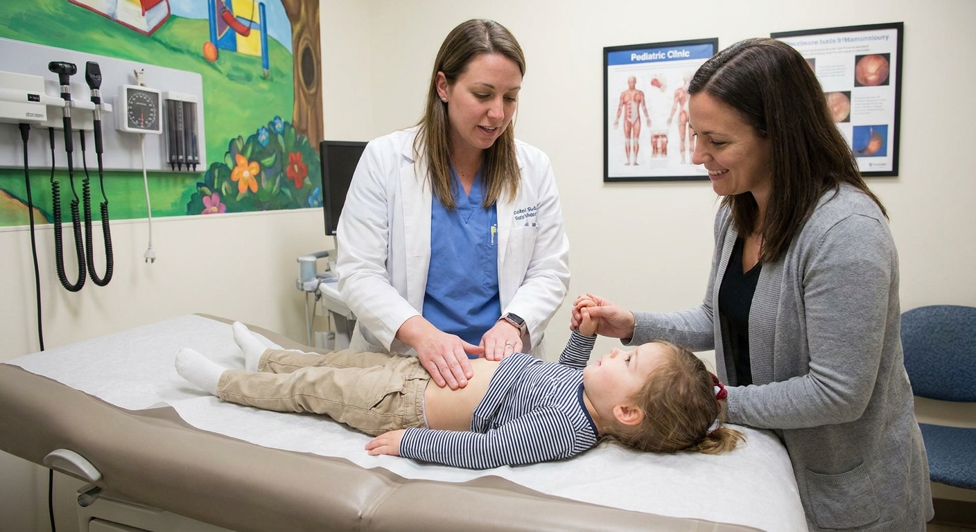 A pediatric clinician gently examining a child’s abdomen on an exam table while a parent stands close by holding the child’s hand, realistic medical office photo