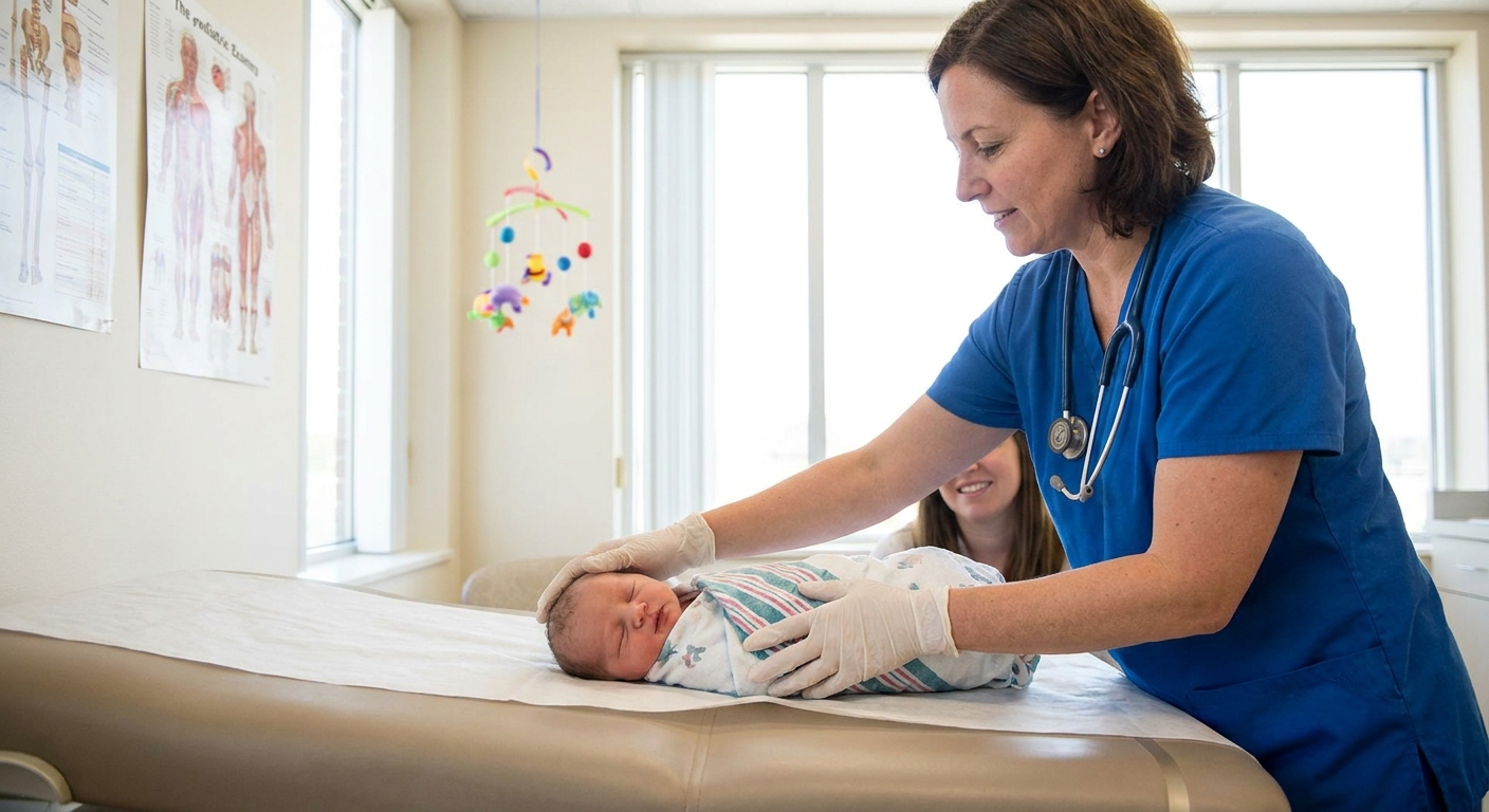 A pediatric clinician gently examining a newborn baby’s head shape during a well-child visit in a bright exam room, realistic photo