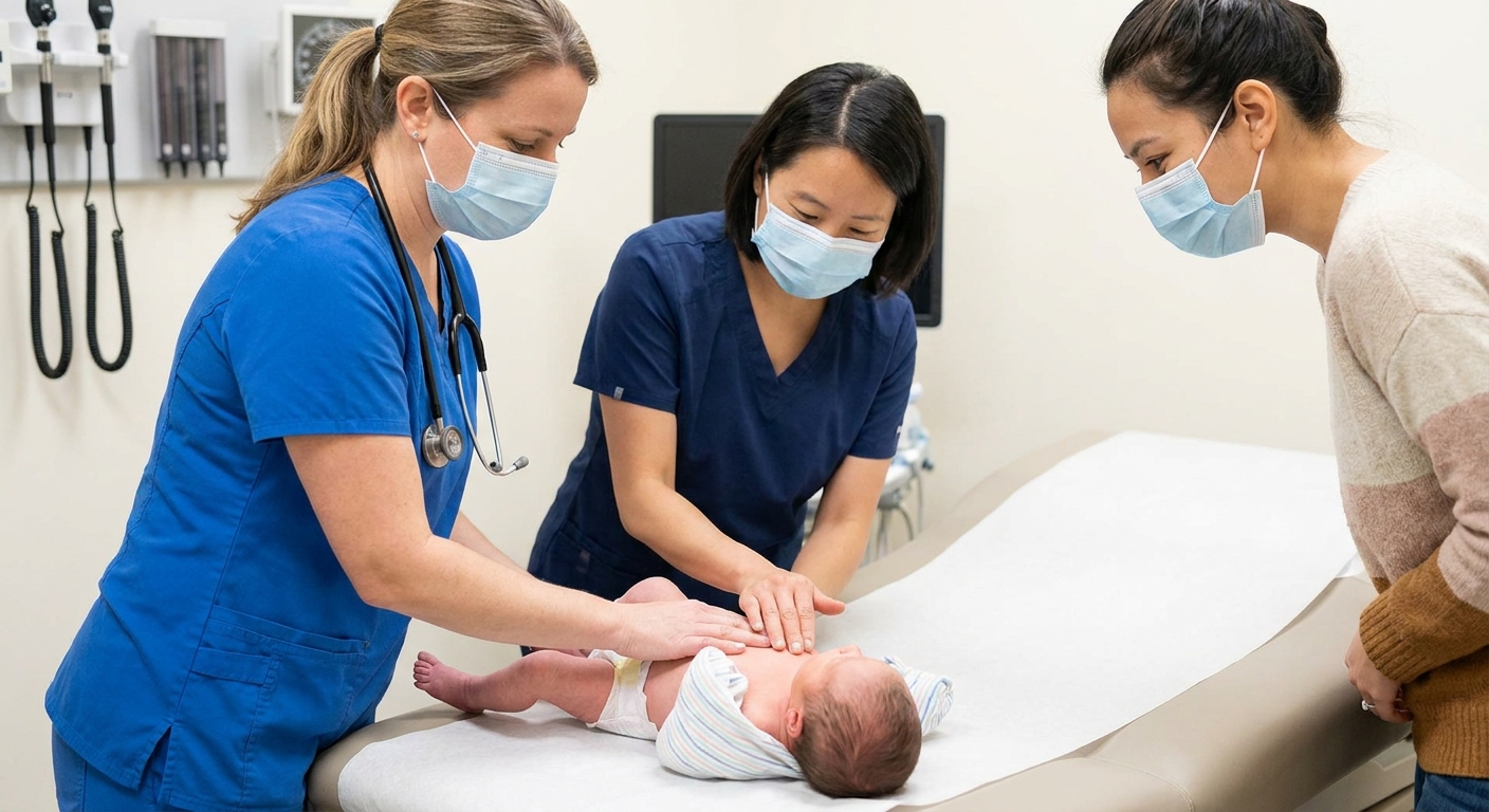 A pediatric clinician gently examining a newborn's abdomen on an exam table with a parent nearby, realistic clinical photo