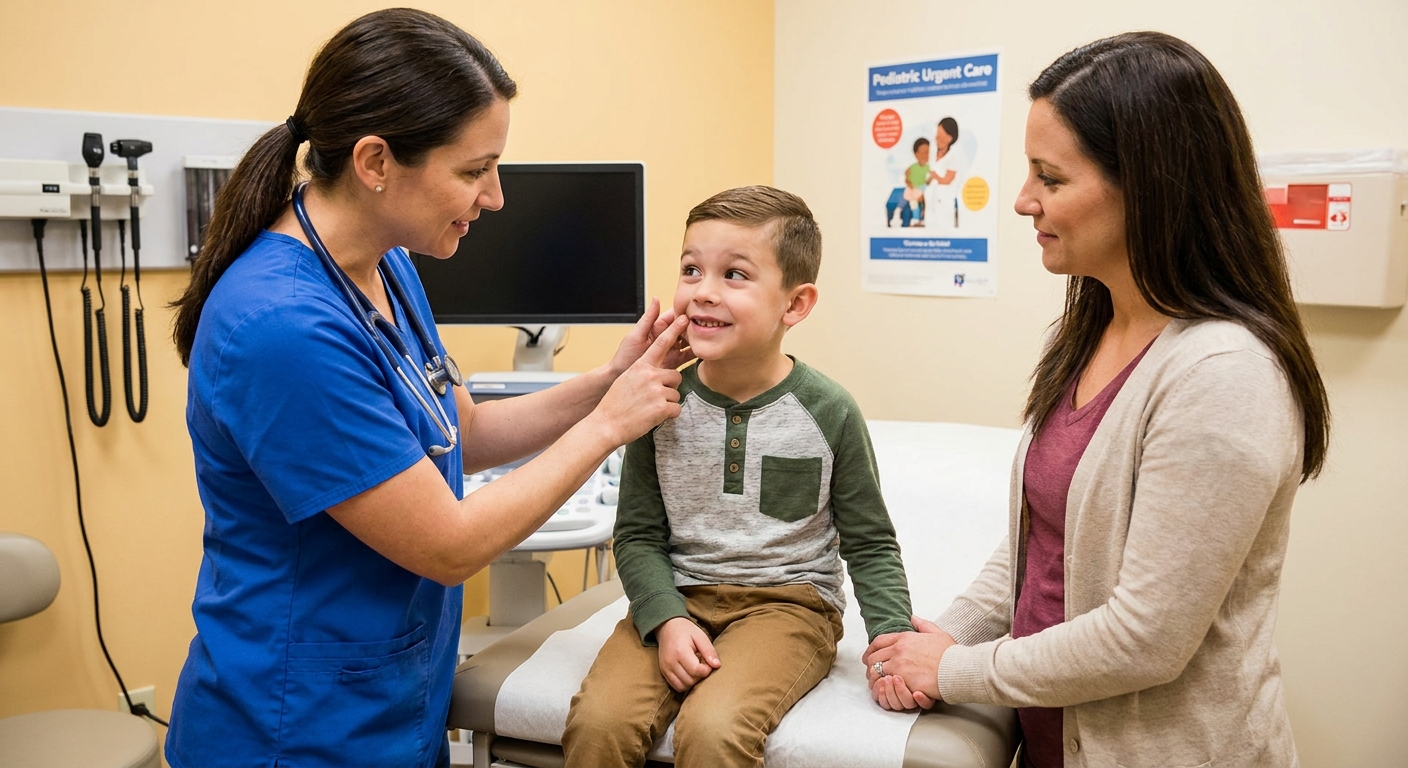 A pediatric clinician gently examining a school-aged child’s face in an urgent care exam room, checking facial movement with a parent close by, realistic photo