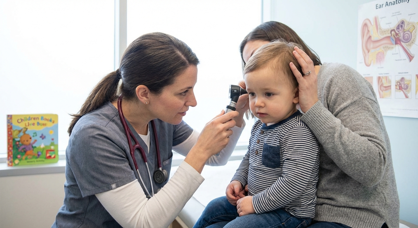 A pediatric clinician gently examining a toddler’s ear with an otoscope in a well-lit exam room while a parent holds the child securely on their lap, photorealistic documentary-style healthcare photography