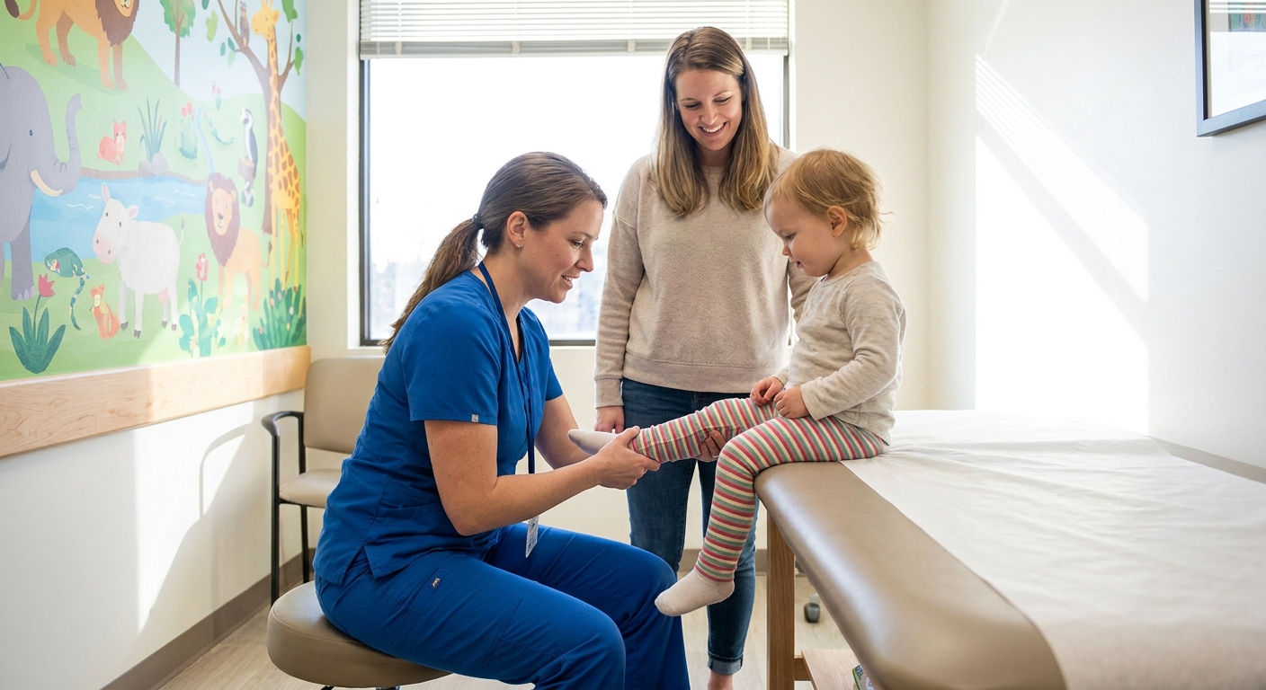 A pediatric clinician gently examining a toddler’s legs and knees in a well-lit exam room while a parent stands nearby, candid medical photo