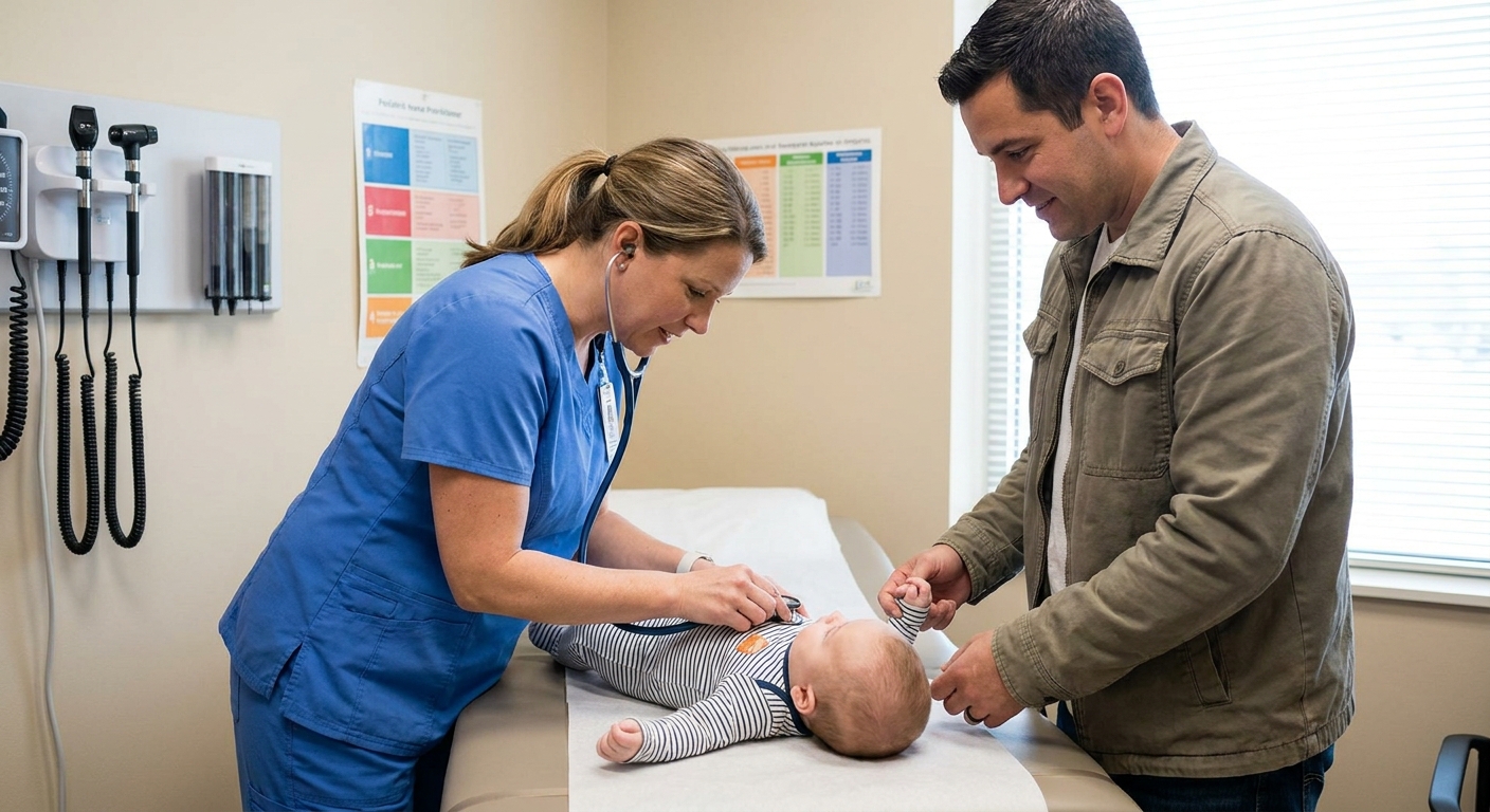 A pediatric clinician gently examining an infant on an exam table while a parent stands nearby, realistic documentary-style photograph