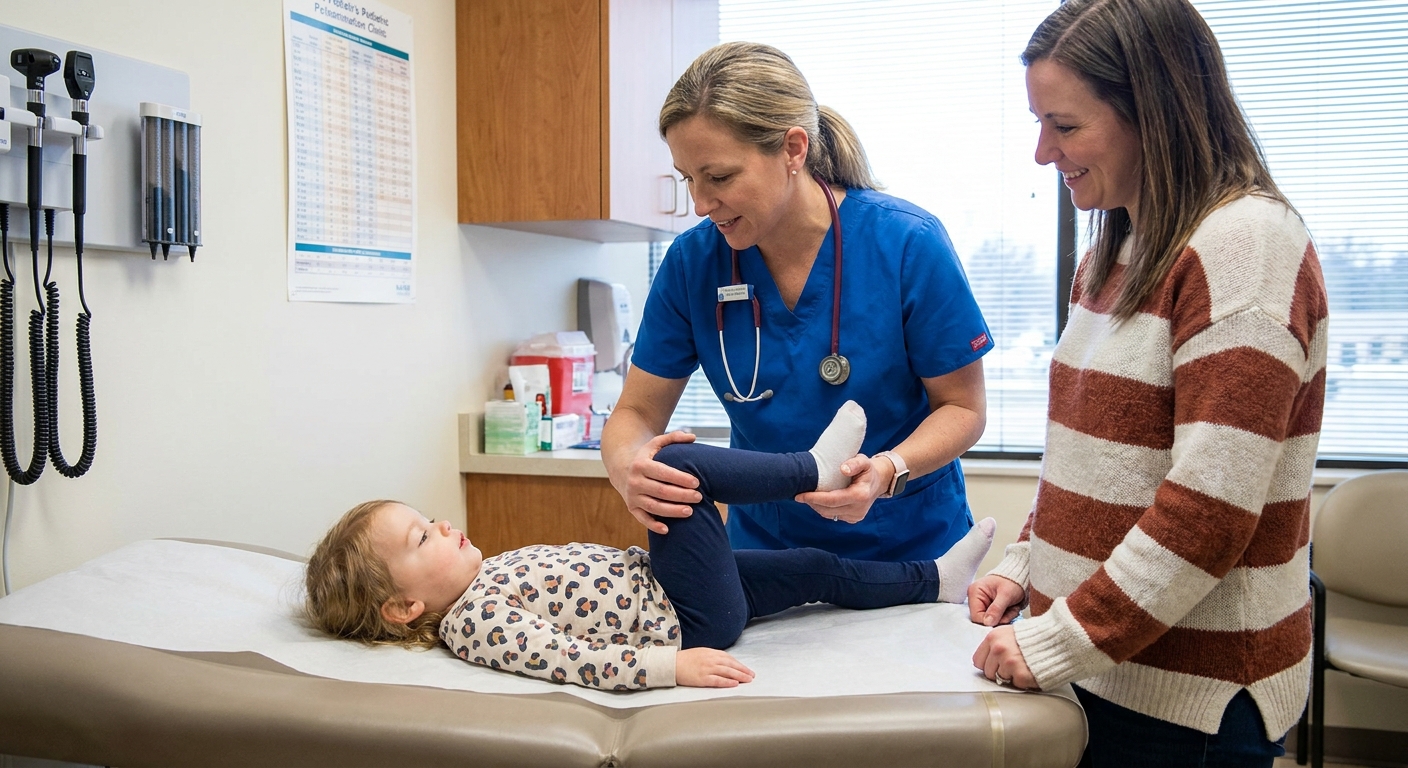 A pediatric clinician gently moving a child’s leg at the hip while the child lies on an exam table and a parent stands nearby, real medical clinic photograph