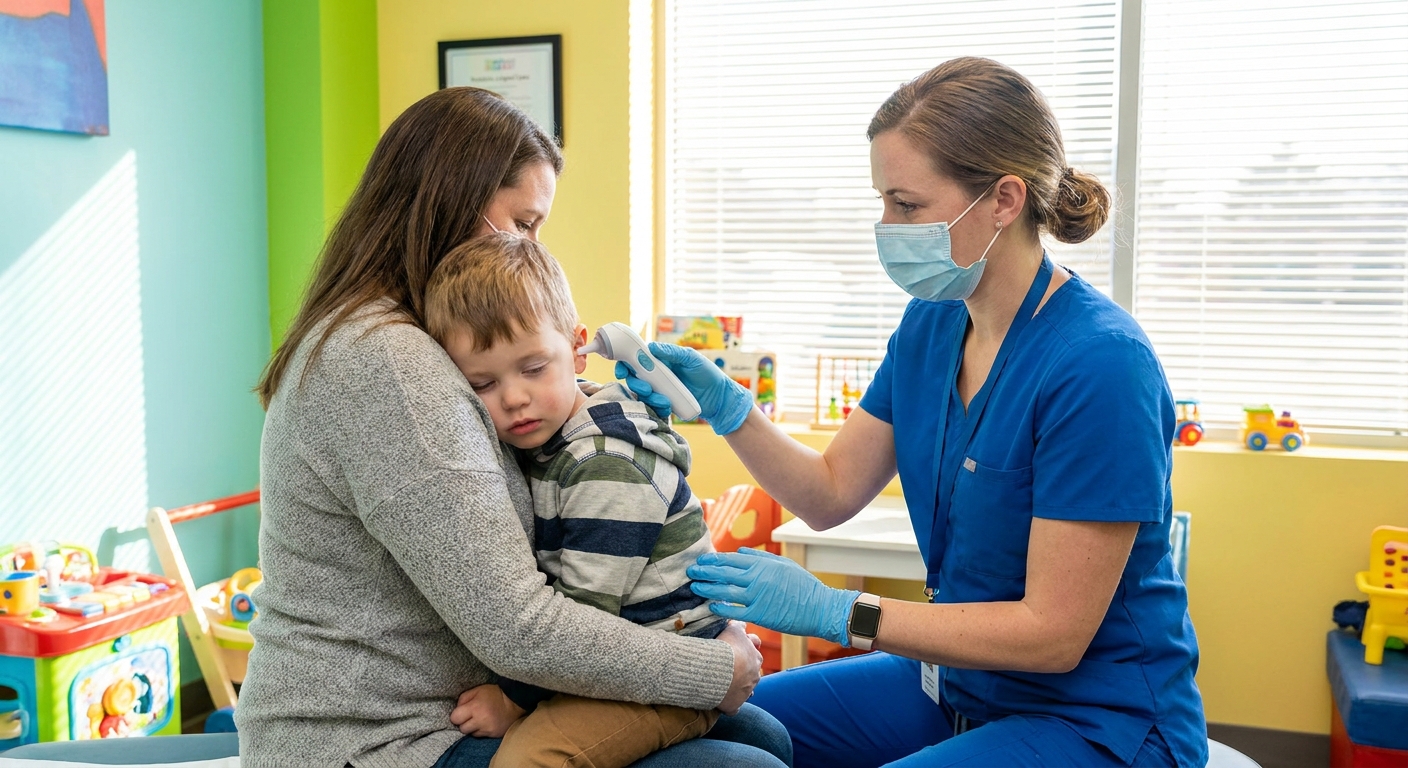 A pediatric clinician in a bright urgent care exam room gently checking the temperature of a tired preschool-aged child sitting on a parent’s lap, realistic photo