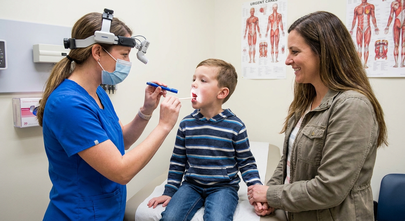 A pediatric clinician in an urgent care exam room gently examining a school-age child’s throat with a light while a parent stands nearby, real-life medical photography style