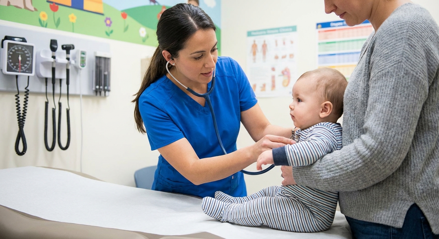 A pediatric clinician listening to an infant's lungs with a stethoscope while a parent holds the baby, realistic clinic photo
