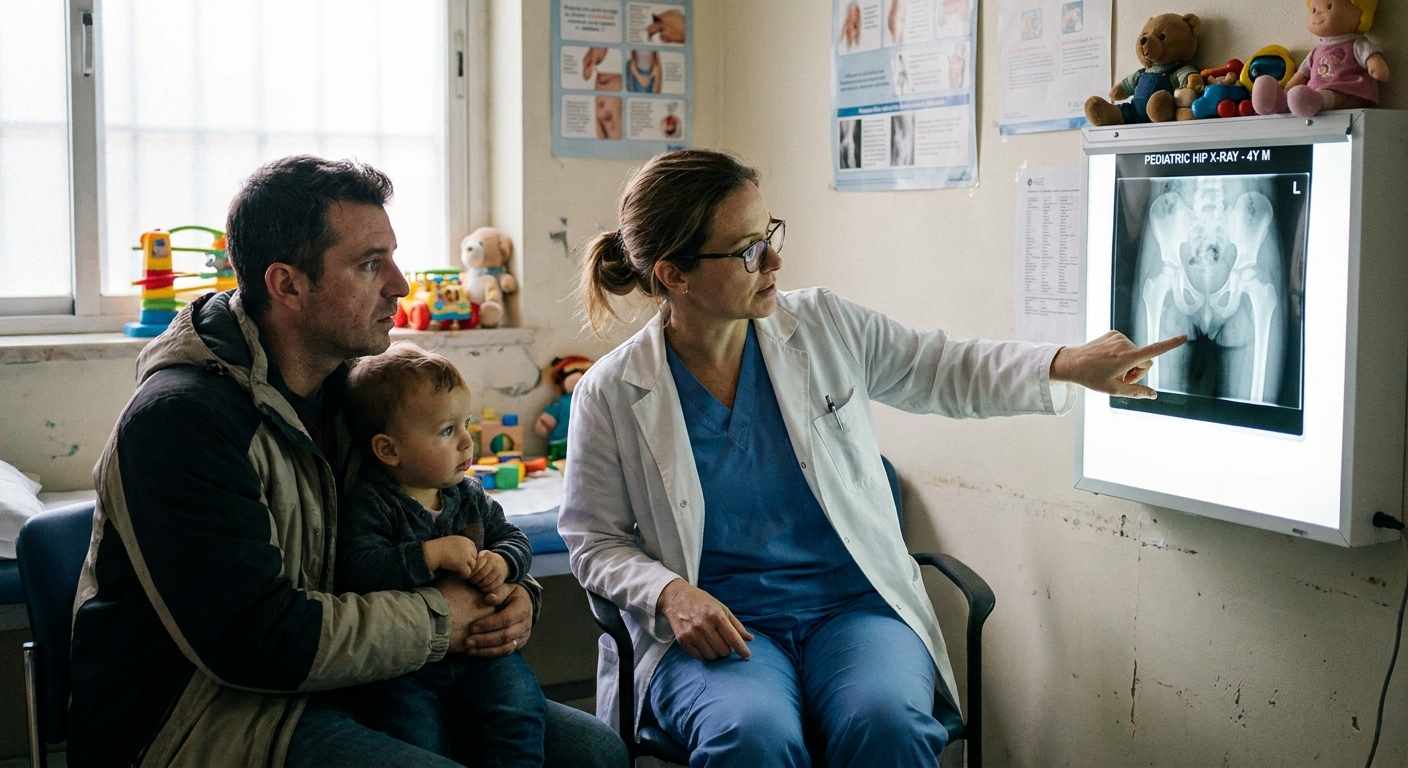 A pediatric clinician reviewing a child's hip X-ray on a computer screen in a clinic room while a parent sits nearby, documentary-style photo