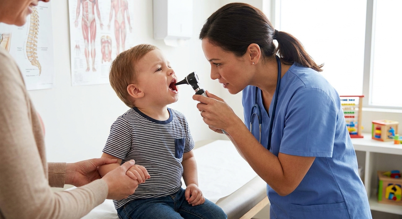 A pediatric clinician using an otoscope to examine a young child’s throat in a bright outpatient clinic room, realistic medical photo