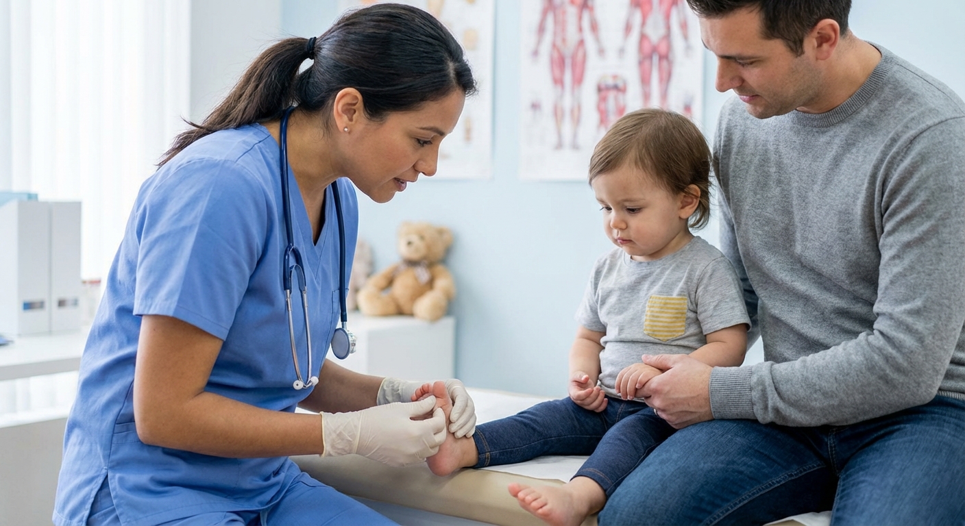 A pediatric clinician wearing gloves examining a child's big toe in a clinic exam room while a parent holds the child's hand, realistic medical photo
