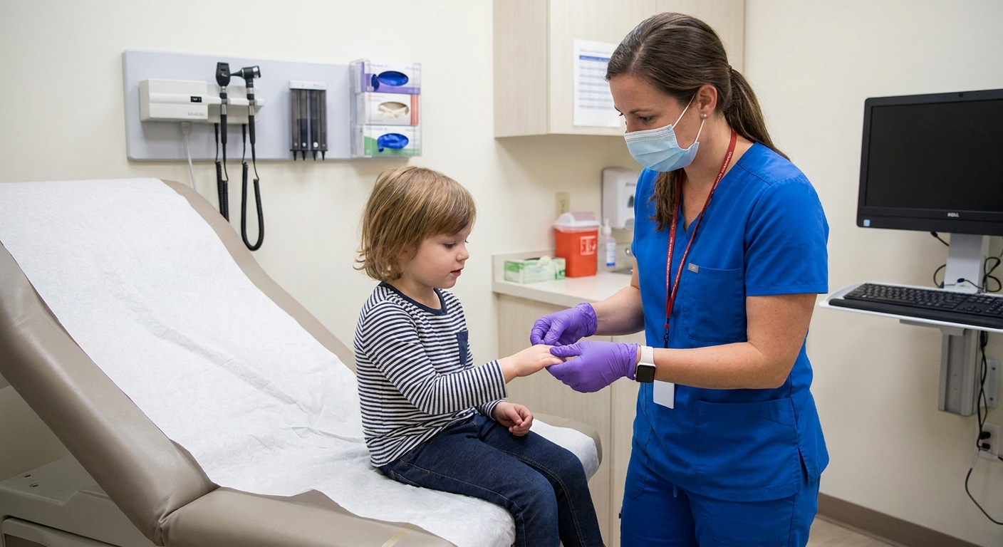 A pediatric clinician wearing gloves examining a child's hand in an urgent care exam room, realistic photo