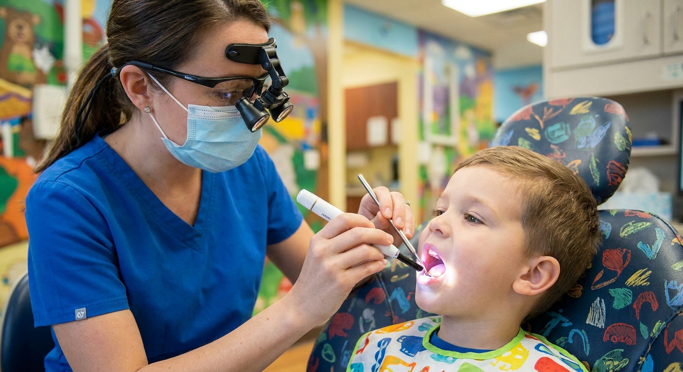 A pediatric dentist examining a young child’s open mouth with a small dental light, focusing on the tongue during a routine checkup, real clinical photo