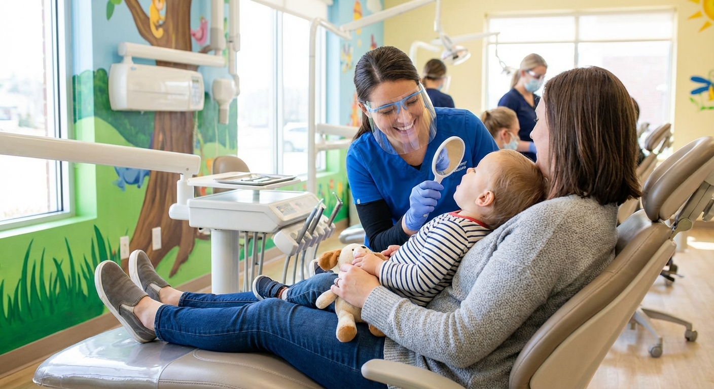 A pediatric dentist gently examining a toddler's teeth in a dental chair while a parent stands close by holding the toddler's hand, bright clean dental office, candid documentary photograph