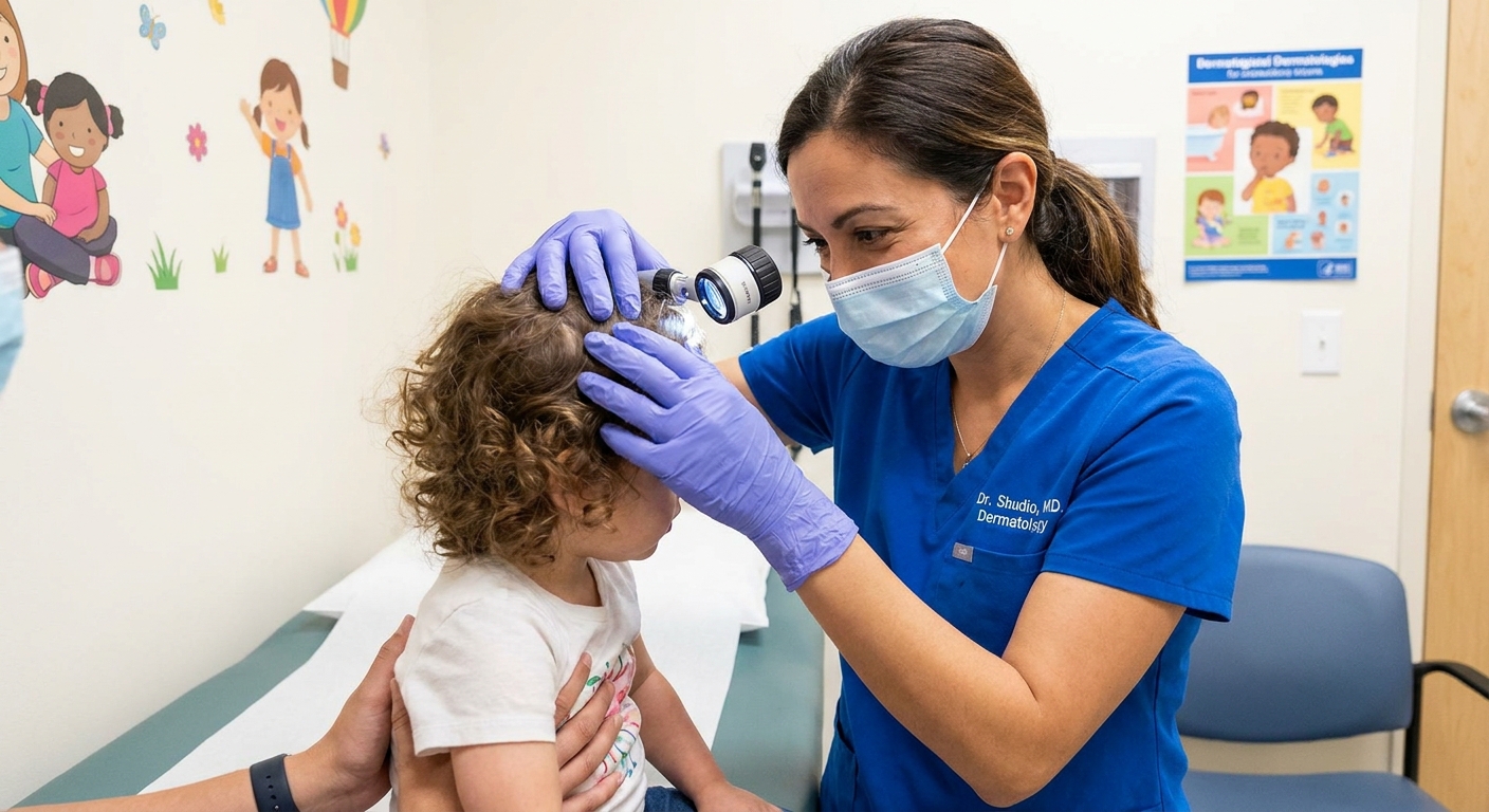 A pediatric dermatologist in a clinic gently examining a child’s scalp with gloved hands and a small handheld light, realistic photograph