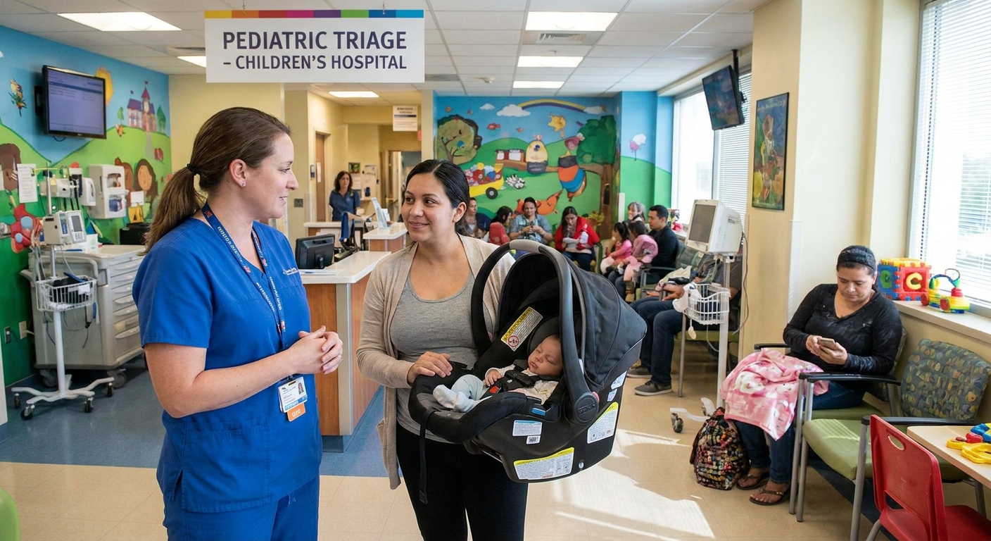 A pediatric emergency department triage area with a nurse speaking calmly to a parent holding an infant in a car seat, realistic photo