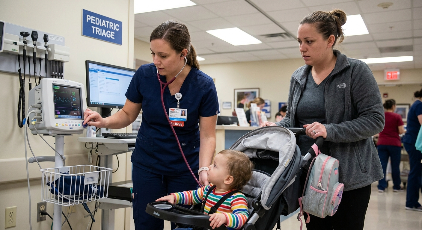 A pediatric emergency department triage nurse checking a toddler’s vital signs while a worried parent stands nearby, real hospital photo style