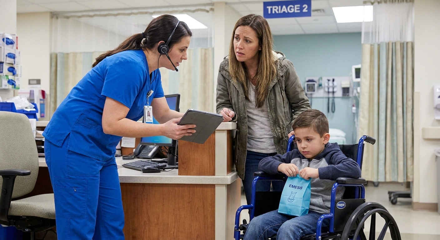 A pediatric emergency department triage nurse speaking with a concerned parent while a child sits in a wheelchair holding a small emesis bag, clinical setting photo