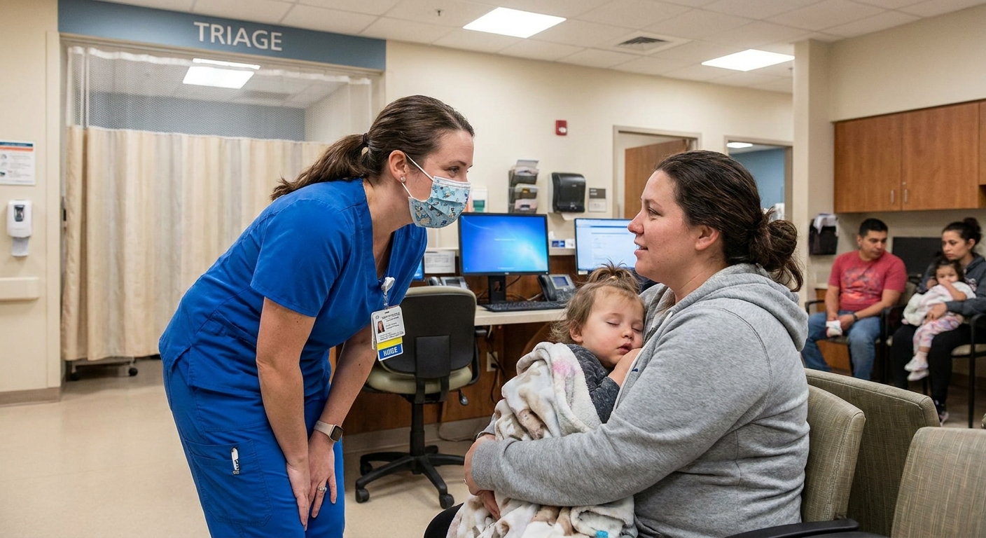 A pediatric emergency room triage area with a nurse speaking calmly to a parent holding a toddler, realistic hospital photo