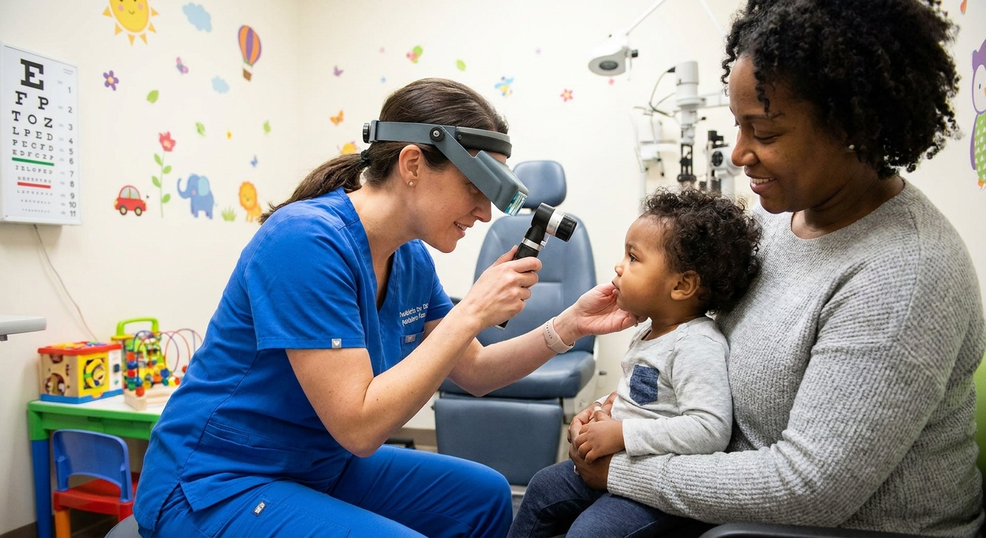 A pediatric eye doctor gently examining a toddler in a brightly lit clinic room while a parent holds the child on their lap, real medical visit photo