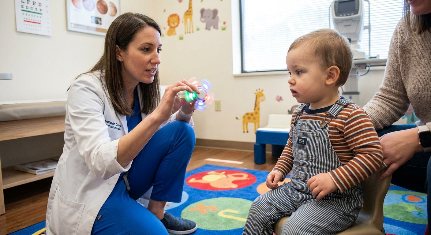 A pediatric eye doctor kneeling in front of a toddler in a clinic room while the toddler looks at a small fixation toy, medical photojournalism style