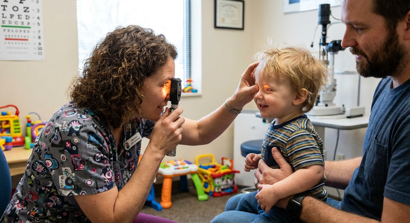 A pediatric eye doctor shining a small handheld light to examine a toddler’s eyes while the child sits on a caregiver’s lap in an exam room, real-life photograph