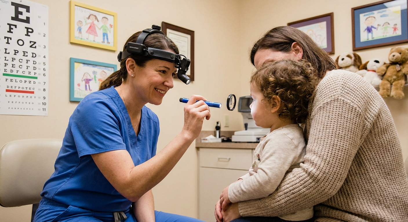 A pediatric eye doctor shining a small light to examine a toddler’s eyes in a clinic room while a parent holds the child on their lap, realistic medical photo